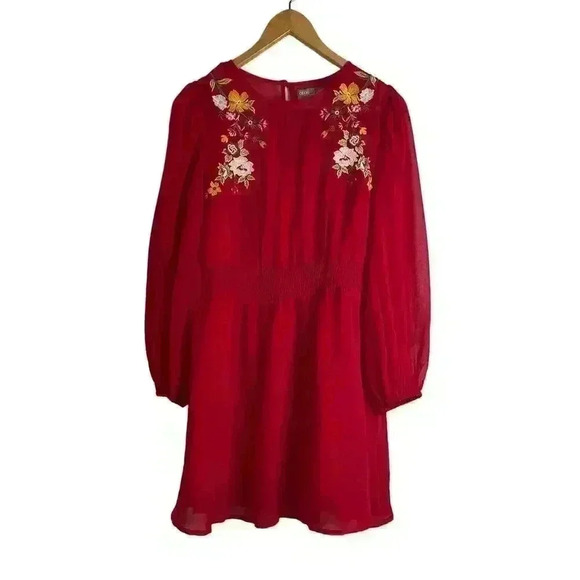 ASOS Red Embroidered Sheer Sleeve Mini Dress Elastic Waist Keyhole Back Size 8 - Picture 3 of 10